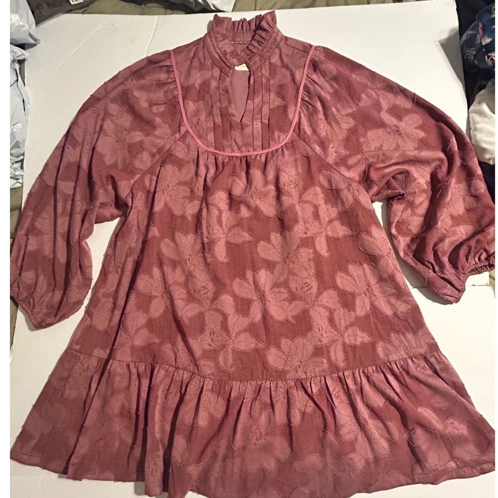 Umgee Women Dusty Rose Floral Jacquard Babydoll Mini Ruffle Dress Lined Mauve S